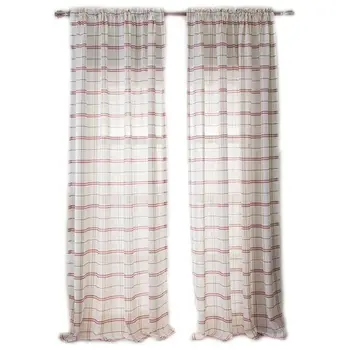 

Pastoral Style Classic Plaid Pattern Linen Textured Striped Semi Sheer Window Curtain for Kitchen Living Room Home Decoration