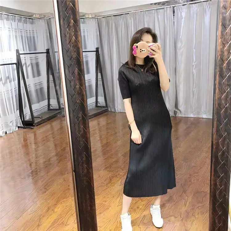 Miyake летние новые женские с высокой талией тонкие с круглым вырезом Плиссированные Модные платья с коротким рукавом