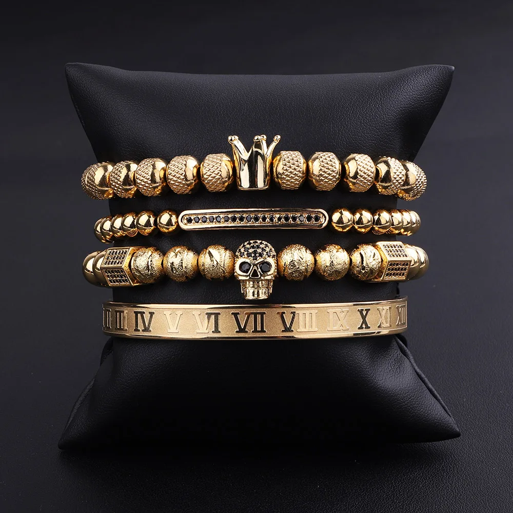 High Quality Men Jewelry Gold Stainless Steel Roman Bangle CZ Skull Charm Macrame Bracelet Set - Image 2