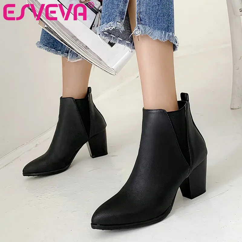 

ESVEVA 2020 Women Shoes Winter Ankle Boots Square High Heel PU Leather Western Style Slip On Motorcycle Platform Boot Size 34-43