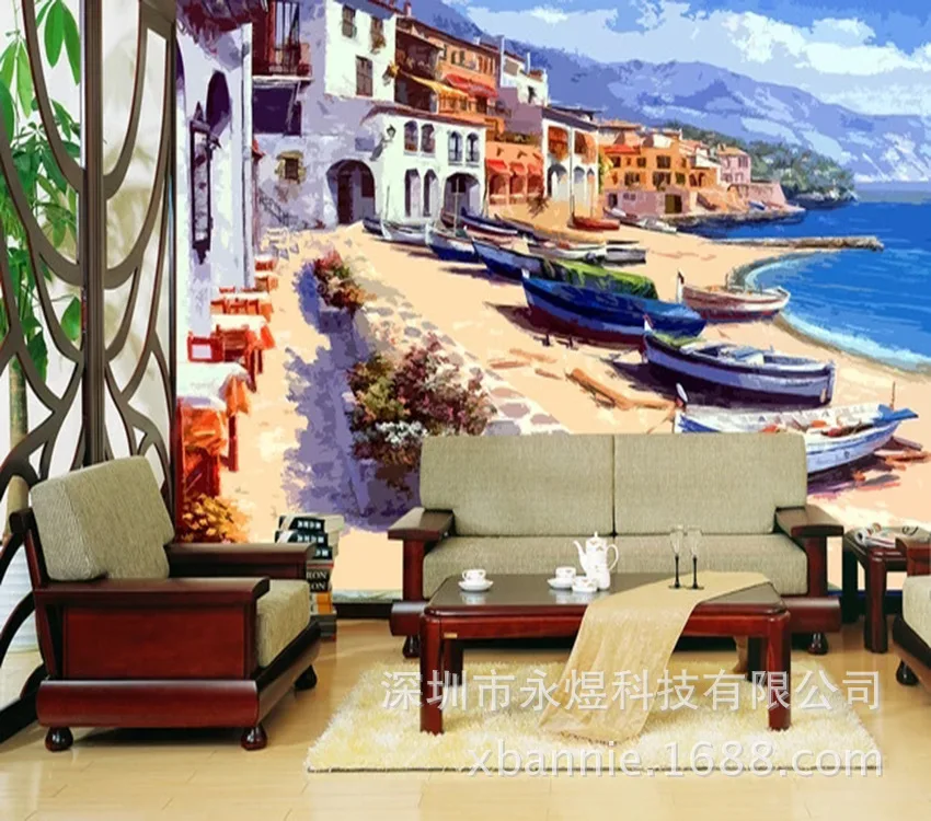 High-definition Woodcut Effect Europe Style Harbor Decoration Mural Living Room Sofa Seamless TV Backdrop Wallpaper |