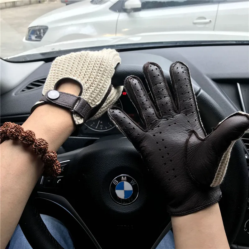 Man's Deerskin Gloves Locomotive Driving Retro Knitted+ Leather thin Slim Hand Genuine Leather Gloves For Female Male AM032A