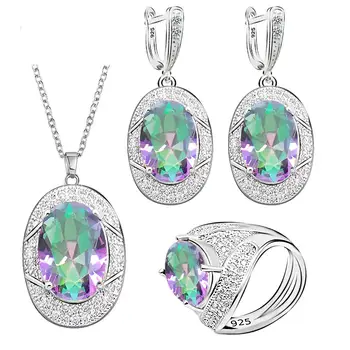 

Geometric Rainbow Semi-precious Silver Color Jewelry Sets for Women Gift Earrings Necklace Pendant Ring