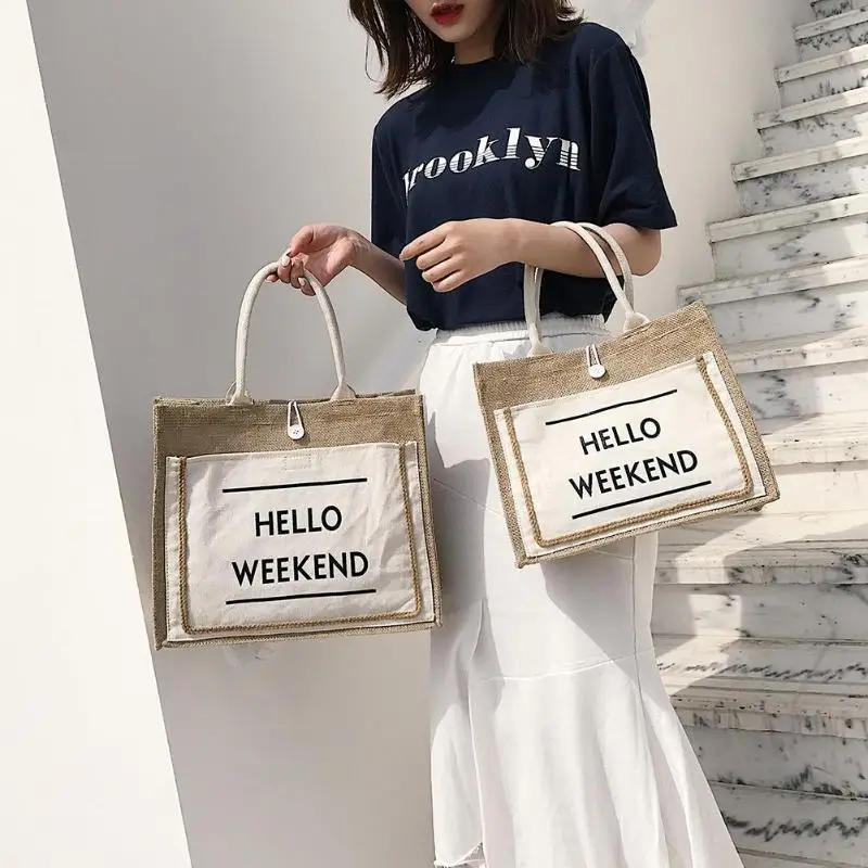 Женская Льняная сумка, Женская Повседневная сумка на плечо, модная женская Повседневная сумка с принтом, свежая пляжная дорожная сумка для покупок
