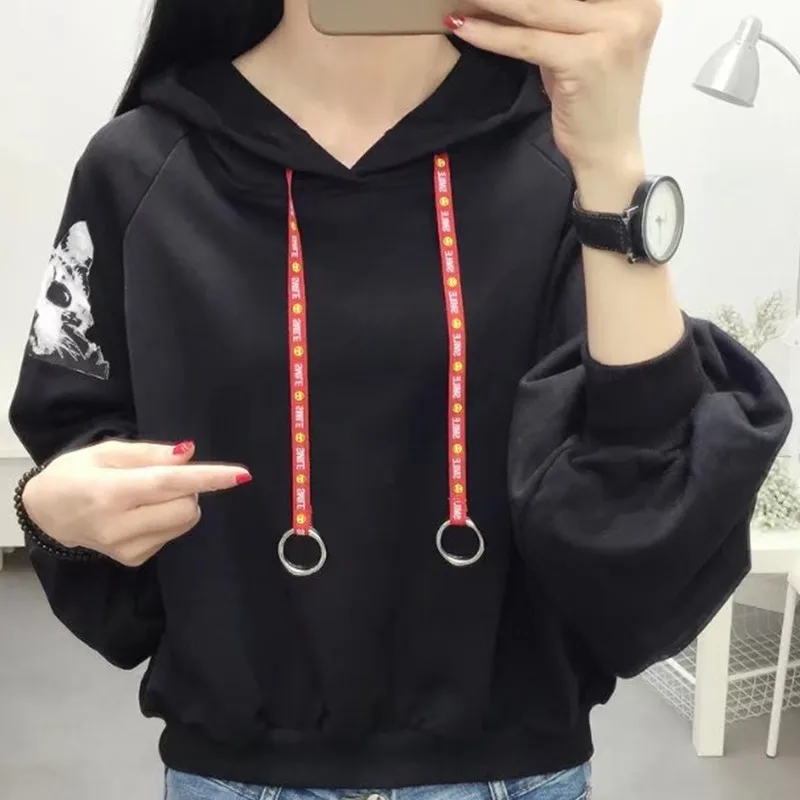 Милые кошки с длинным рукавом панк Толстовка Осень Зима harajuku kawaii толстовки
