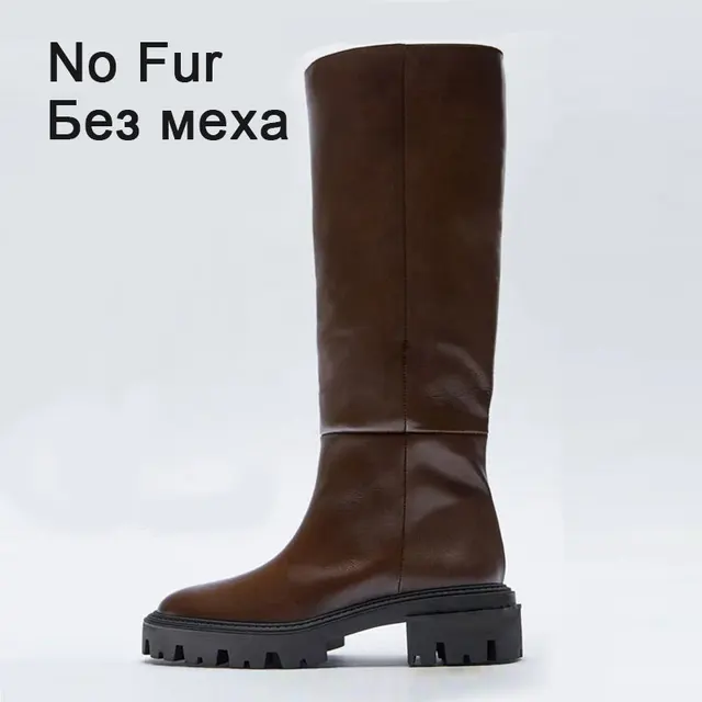 RIZABINA Size 34-41 Knee Boots For Women 2022 New Real Leather Winter Warm Platform Shoes Woman Long Boot High Heels Footwear brown no fur