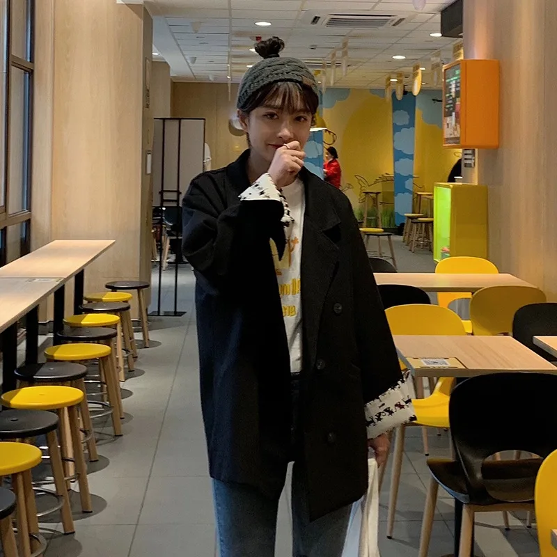 

Autumn Clothing Korean-style 2019 New Style INS Sense of Design Turn Sleeve Double Breasted Loose Fashion Long Sleeve Suit Coat