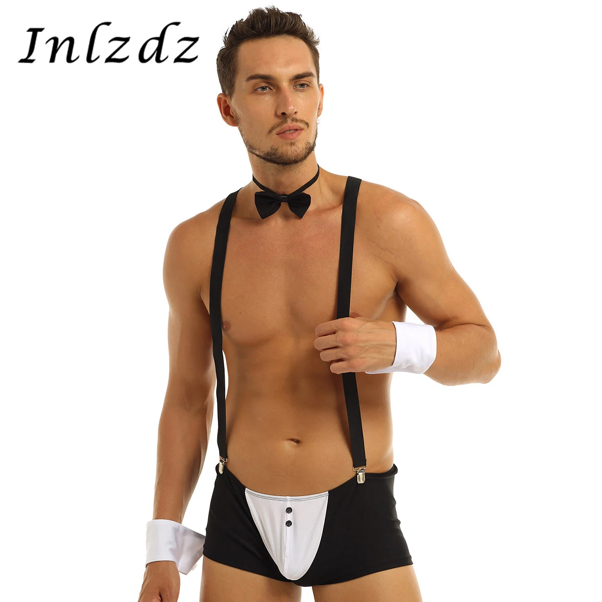 Conjunto de lencería para hombre, de ropa interior de esmoquin, Bóxer con tirantes, cuello y pulseras, 4 piezas|Calzoncillos| - AliExpress