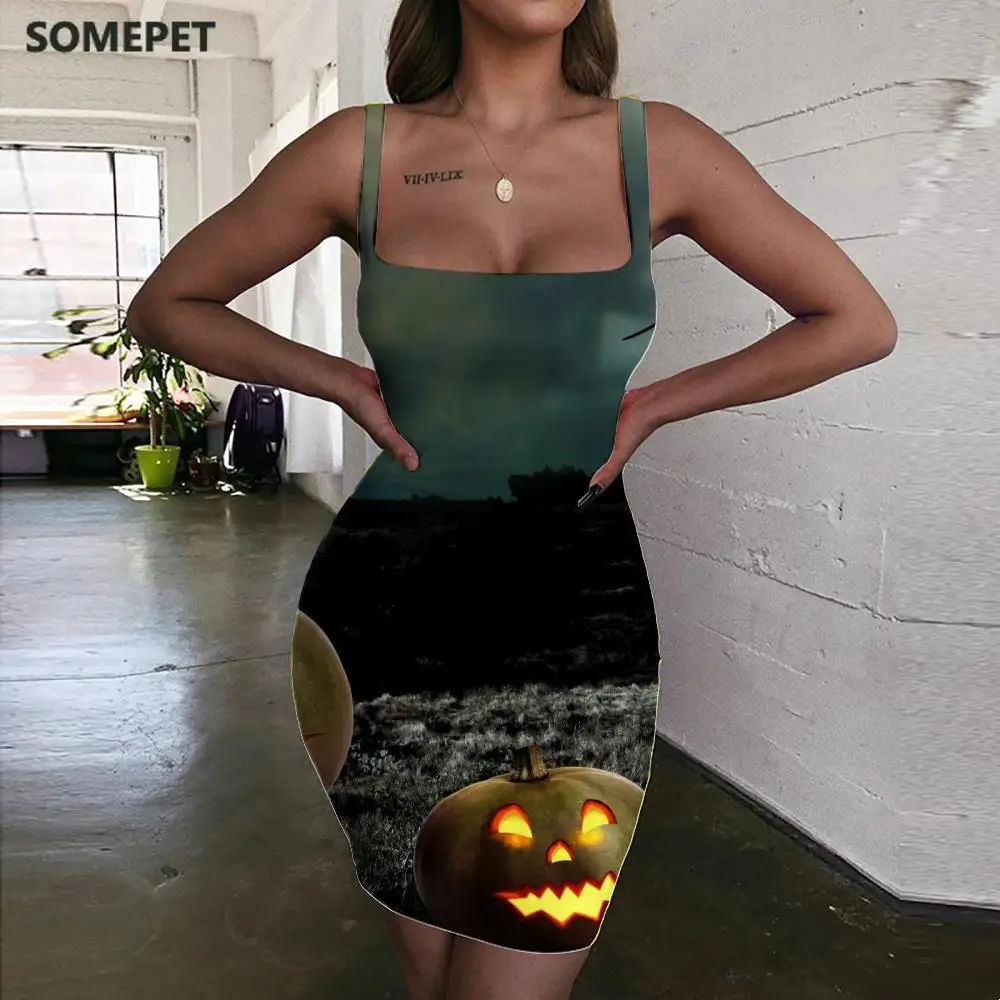

SOMEPET Halloween Dress Women Pumpkin Ladies Dresses Bat Sundress Moon Halter Sleeveless Womens Clothing Party Vintage Beach