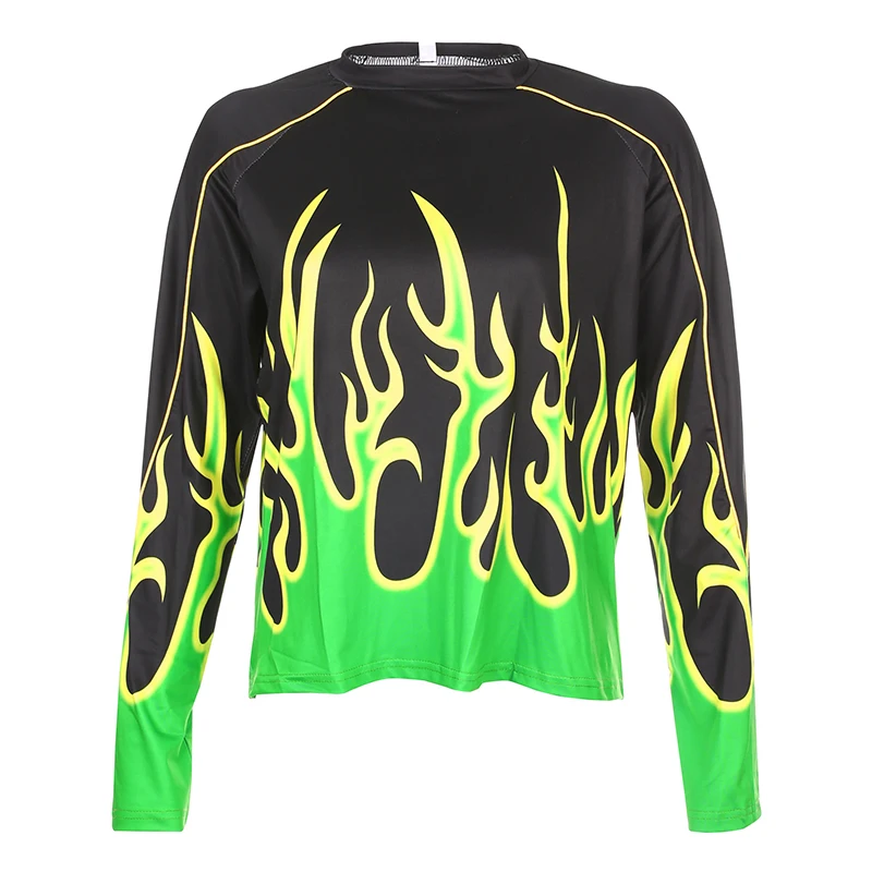 Green Sweatshirts Женская футболка Rockmore с принтом огненного пламени, уличная Базовая футболка Harajuku с длинным рукавом, укороченный топ готического размера плюс, осенняя футболка - Цвет: Green Sweatshirts
