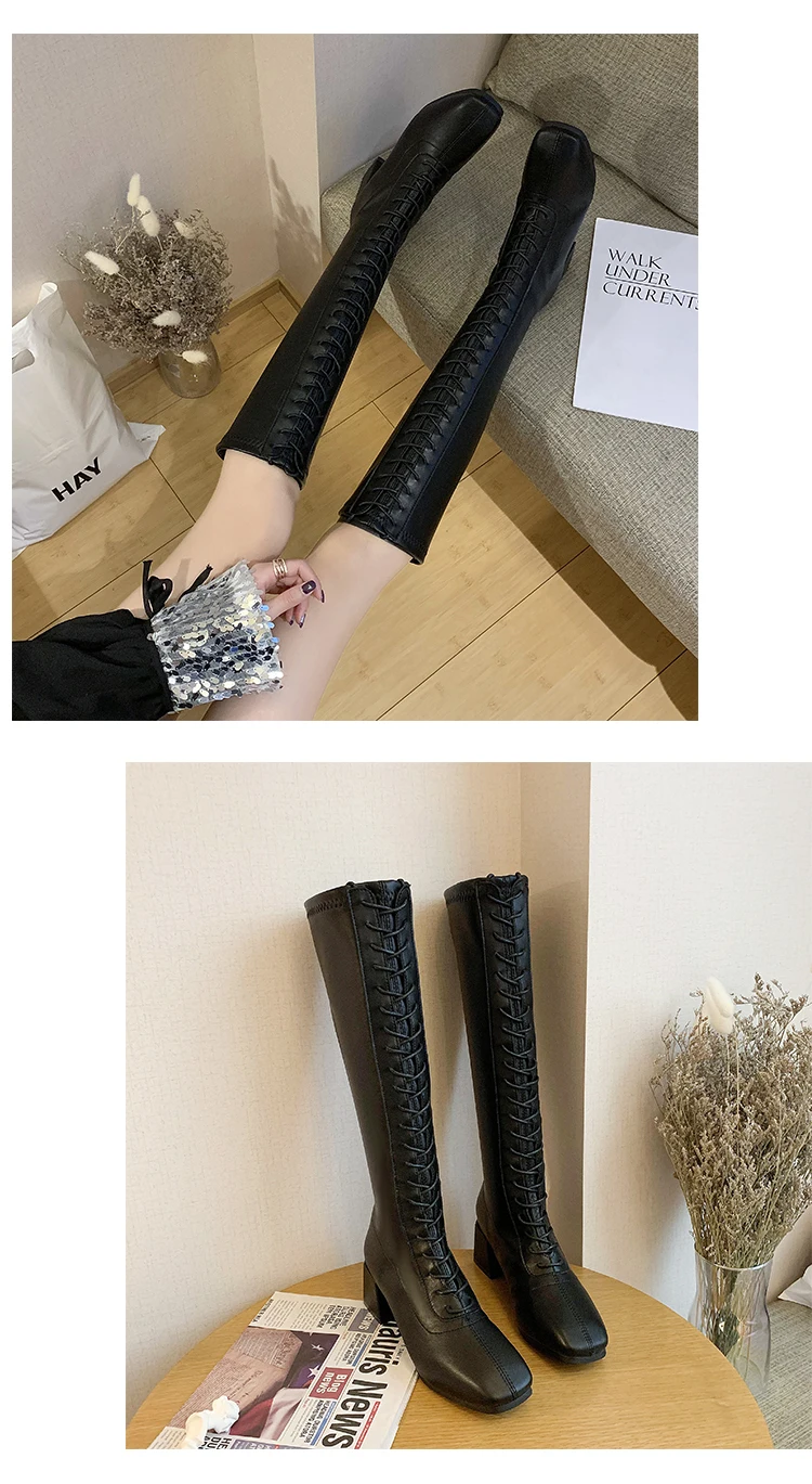 Новинка года; botas botines mujer; bottes femme; однотонные сапоги до бедра из искусственной кожи на квадратном каблуке 5 см; stivali donna