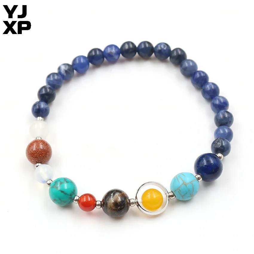 Браслет YJXP Planet Beads, посеребренный, для занятий йогой, чакр, эластичный браслет, натуральный кристалл, камень, унисекс, изготовление ювелирных изделий - Окраска металла: Blue Veins