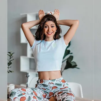 

Summer new arrival 2020 cute pajamas for women pajamas set high quality cotton two piece pjs with print pants