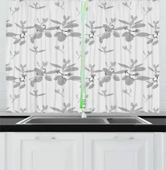 

Grey Coconut Floral Kitchen Curtains Horizontal Continuous Demonstration Feijoa Blooming Flowers Leaves Branches for Kitchen