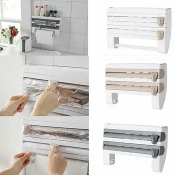 

3 Layer Kitchen Organizer Cling Film Paper Towel Garbage Bag Storage Rack with Cutter Kitchen Durable Plastic Shelf