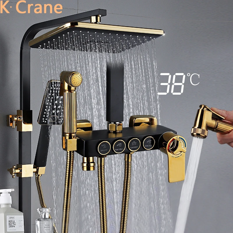 Hot Cold Mixer Shower System Bathroom LED Digital Shower Set Smart Thermostatic SPA Rainfall Bath Faucet Square Head Black Kraan
