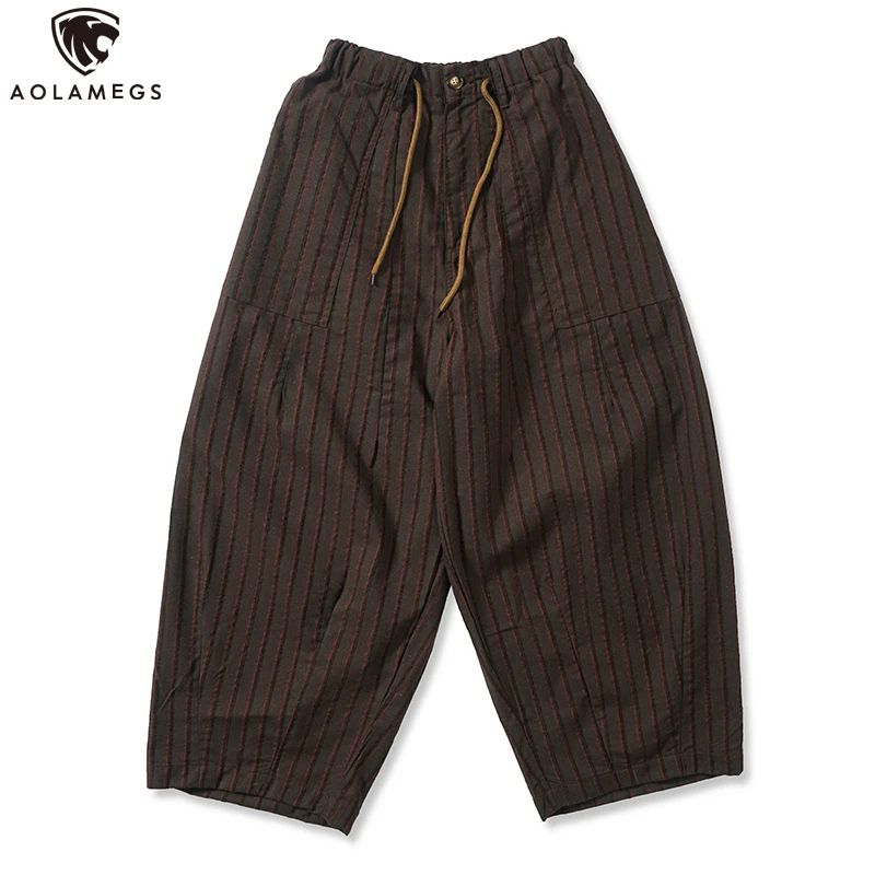 

Aolamegs Men Trousers Solid Color Cargo Pants Drawstring Japanese Retro Elastic Waist Casual Cotton linen High Street Streetwear