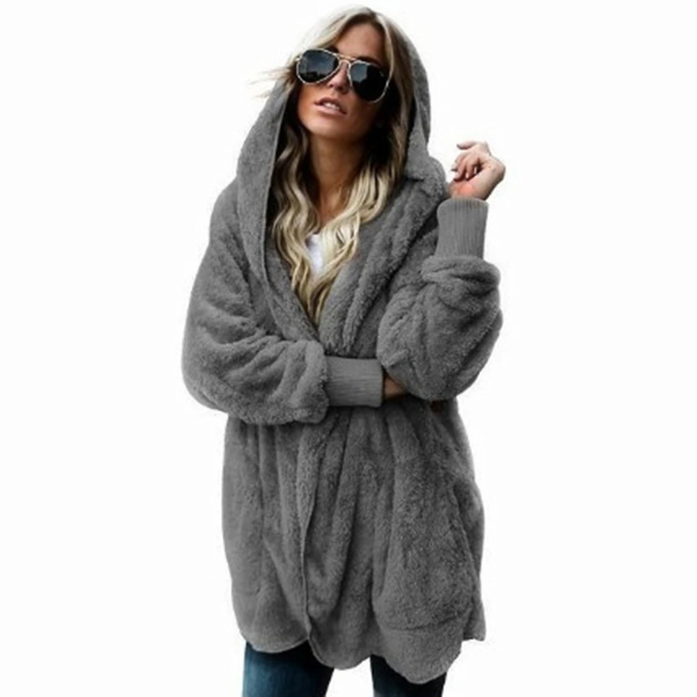 

Faux Fur Cardigan Fleece Women Fuzzy Hooded Outerwear Open Front Long Pockets Warm Shaggy Teddy Overcoat Female Winter Casual