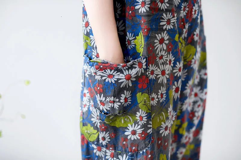 0338 Summer Denim Jumpsuit Women Floral Print Big Pocket Loose Oversize Vintage Jeans Jumpsuit Ladies Vintage Adjustable Strap