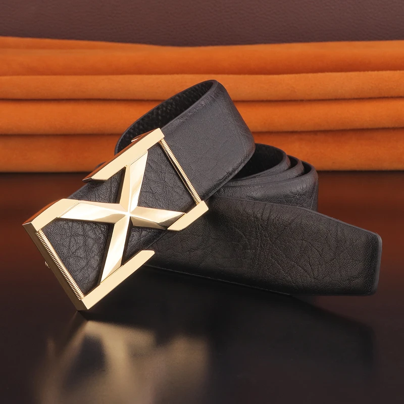 

High quality X letter designer belts men genuine leather slide buckle full grain leather Waist Strap fashion cintos masculinos