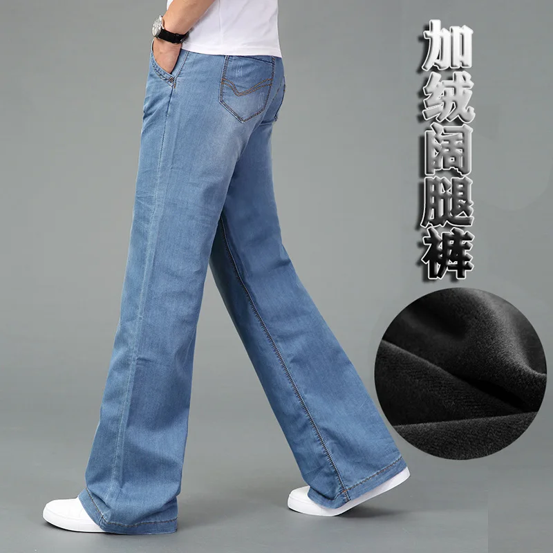 Free Shipping 2022 High Quality Men Winter Warm Fleece Wide Leg Jeans Business Casual Flare Pants Mid Waist Velvet Trousers