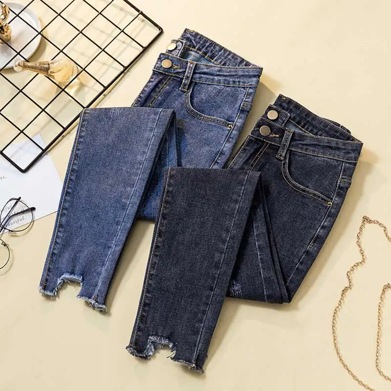

Jeans female summer new slim nine pants high waist wild tight feet pants retro stretch jeans casual high waist solid color jeans