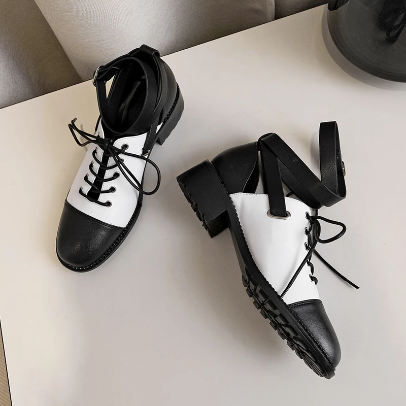 Women's genuine leather mix color patchwork falts ankle strap leisure oxfords lace-up casual oxfords high quality shoes women