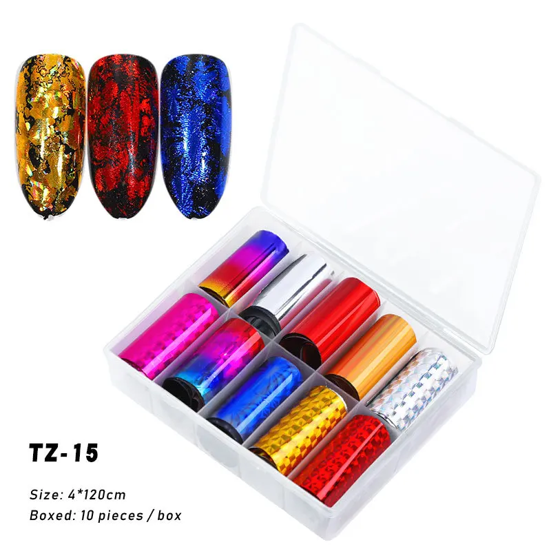 10 рулонов/коробка красочные Фольга для ногтей Набор для маникюра клейкий трансферный индивидуальный рисунок обертывания дизайн ногтей слайдер лента Декорация - Цвет: TZ015