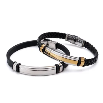 

Stainless Steel Blank ID Tags Leather Bangles For Engrave Leather Braid Bracelet With Metal Plate Wholesale 10pcs