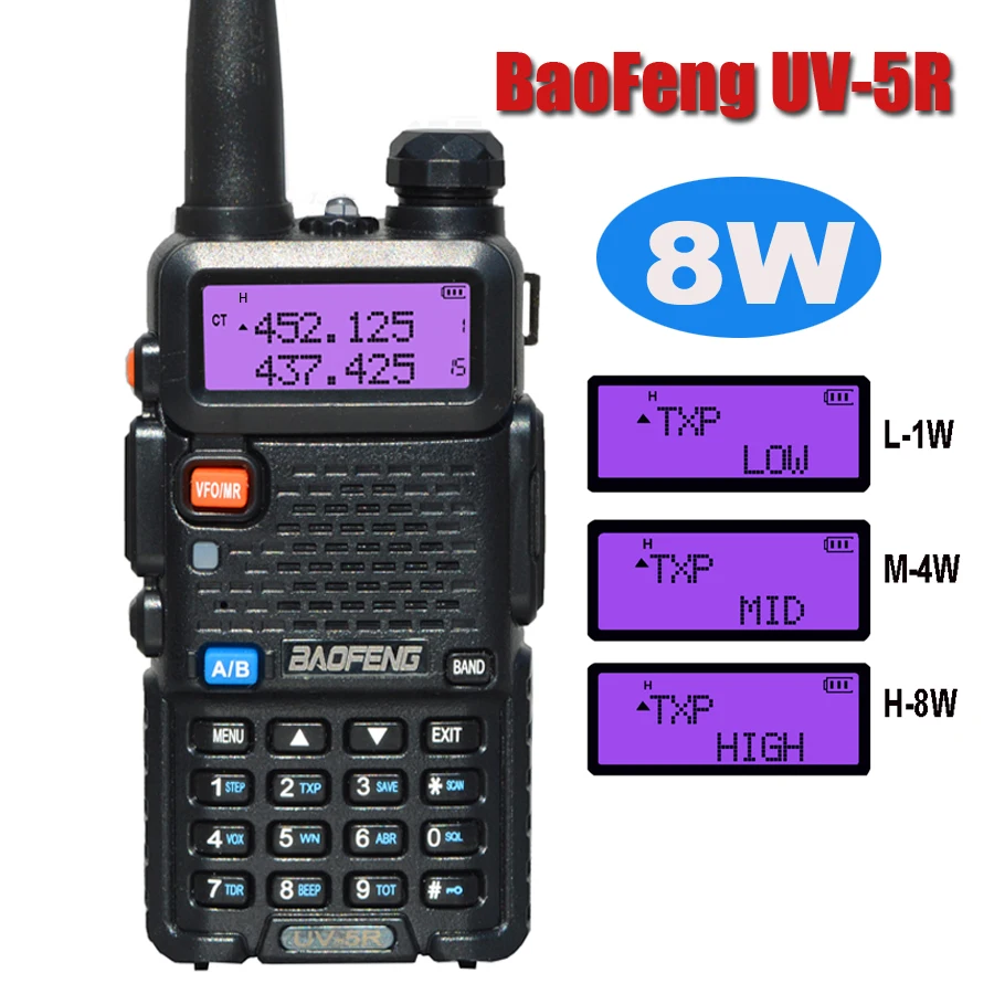 Baofeng-walkie talkie UV-5R portátil de alta potencia, 8W, UV 5R, FM, VHF/UHF, banda dual, Radio bidireccional para caza, Ham, Radios bidireccionales