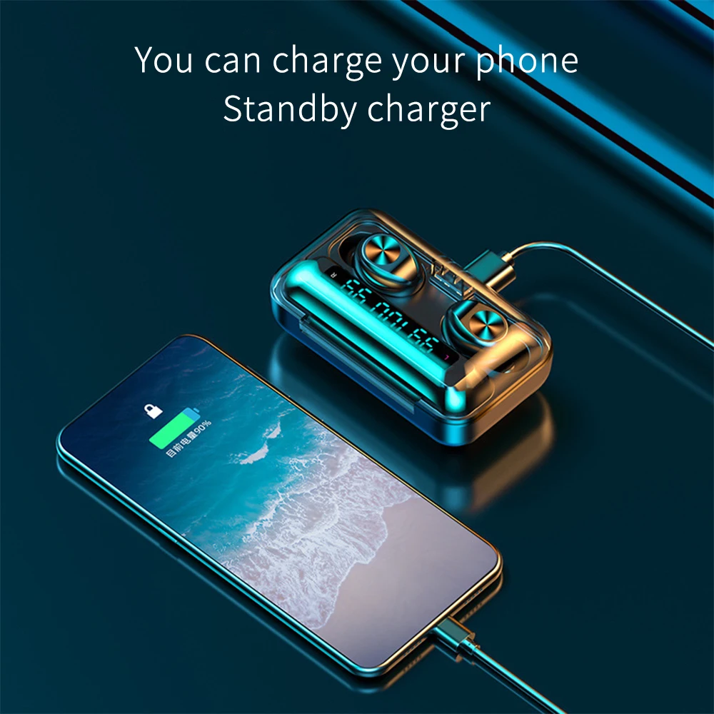 F9 TWS 5 0 Wireless Earphones Bluetooth F9 TWS Bluetooth headphone support Xiaomi iPhone with 2000mah power bank 9D Stereo