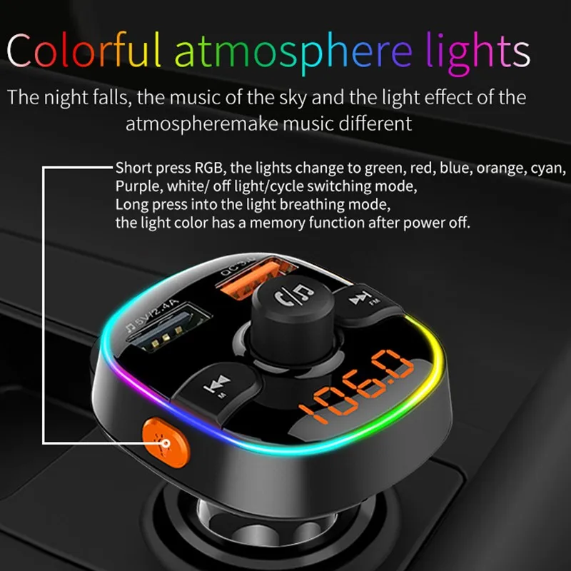 Bluetooth fm-передатчик для автомобиля, Модернизированный V5.0 и 7 цветов светодиодный автомобильный Радио Bluetooth адаптер с подсветкой поддерживает быструю зарядку QC3.0