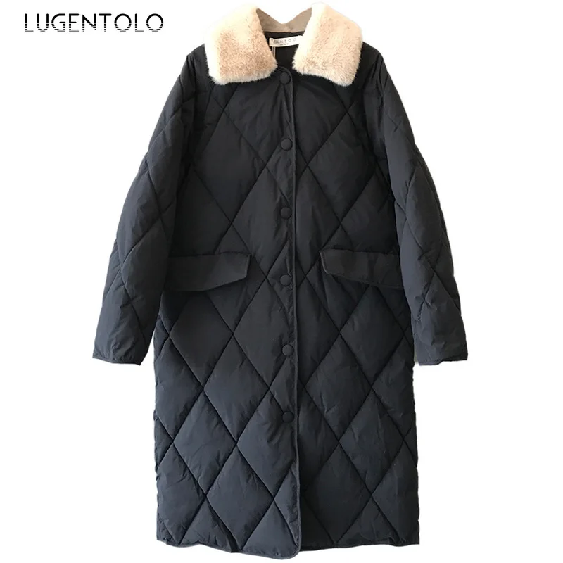 Lugentolo, Женская парка, зимнее пальто, Осеннее, корейское, свободное, средней длины, меховой воротник, Argyle, повседневное, теплое, одноцветное, однобортное, парка