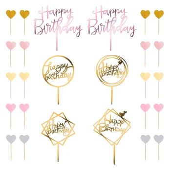 

26Pcs/set happy birthday Cake Decoration Include 2pc Rose gold cake insert 4pc gold cake insert 20pc Heart Shape Insert Cards