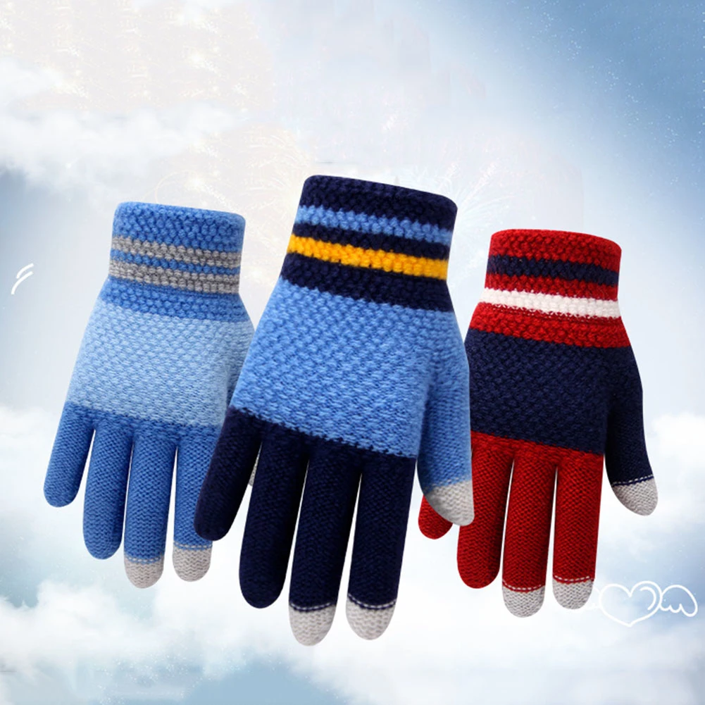 Зимние детские вязаные теплые перчатки в полоску на весь палец с сенсорным экраном, теплые однотонные перчатки для спорта, велоспорта, рыбалки, сноуборда, бега