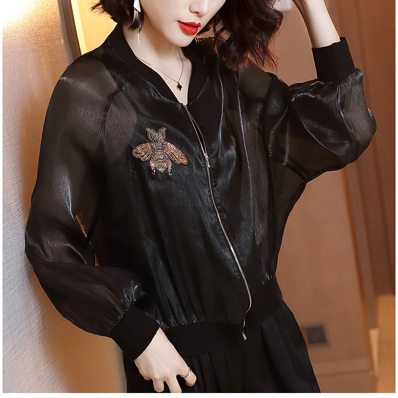 

Black And White with Pattern Baseball Uniform Coat Women's Spring And Summer 2019 New Style Casual Loose-Fit Organza Coat Thin C