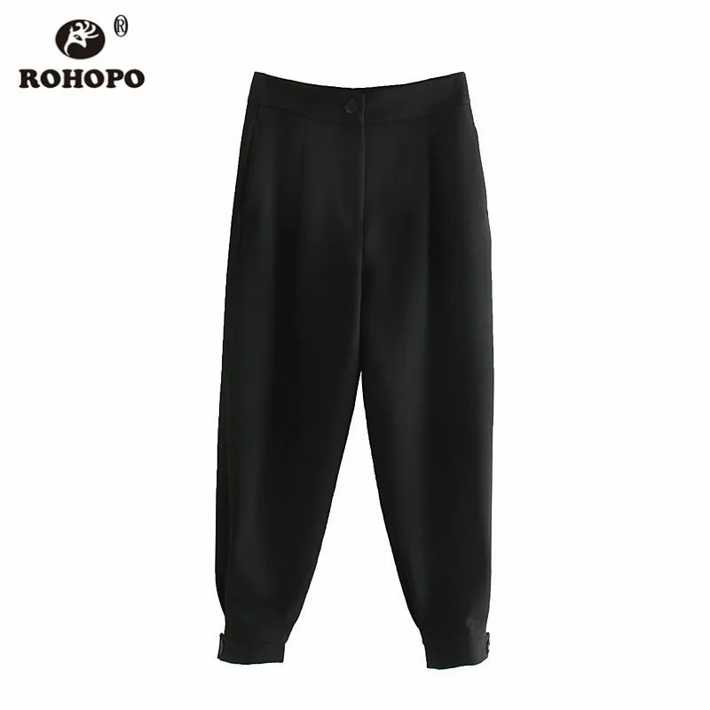 ROHOPO Black Office Ladies Harem Pant Pleated High Waist Buttons Buckle Cuff Full Length Loose Chic Trousers Bottom #6567 | Женская
