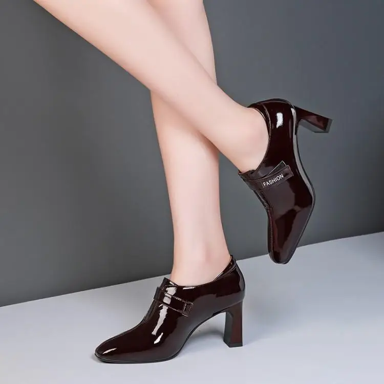

Paint square thick with deep mouth shoes single qiu dong high-heeled shoes head layer cowhide