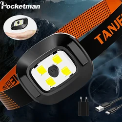 Mini lampe frontale Portable à LED 4SMD, alimentée par batterie intégrée, étanche, Super lumineuse, Rechargeable par USB 