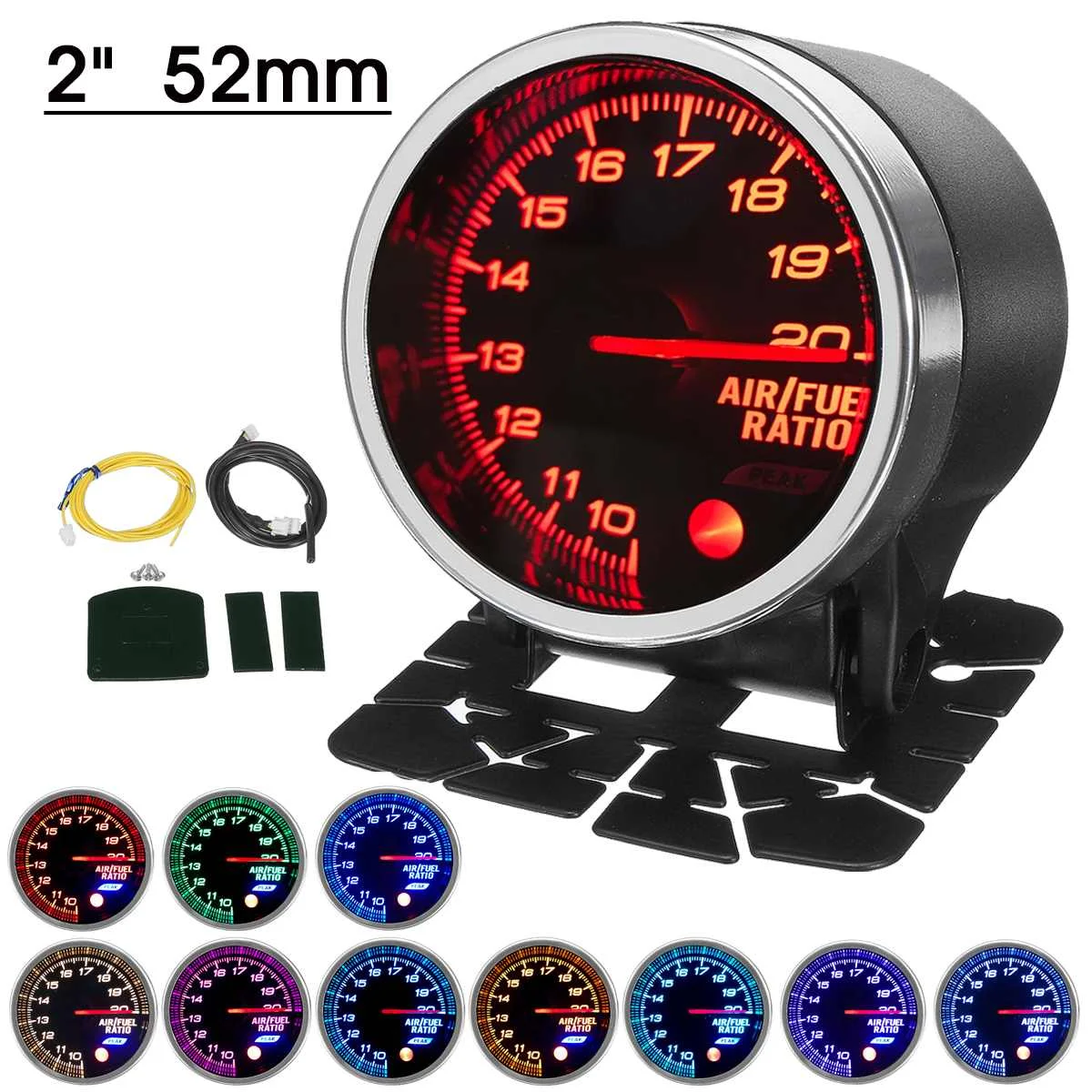 

2" 52mm Car 12V Air Fuel Ratio Gauge AFR Meter 10 Colors LED Display Black Face Brushless Stepping Motor