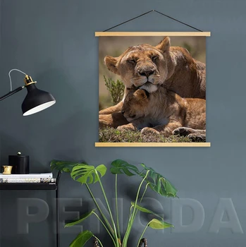 

Home Decoration Canvas Wall Art Hd Print Posters Animal Lion Painting Solid Wood Hanging Scrolls Modern Bedroom Modular Pictures