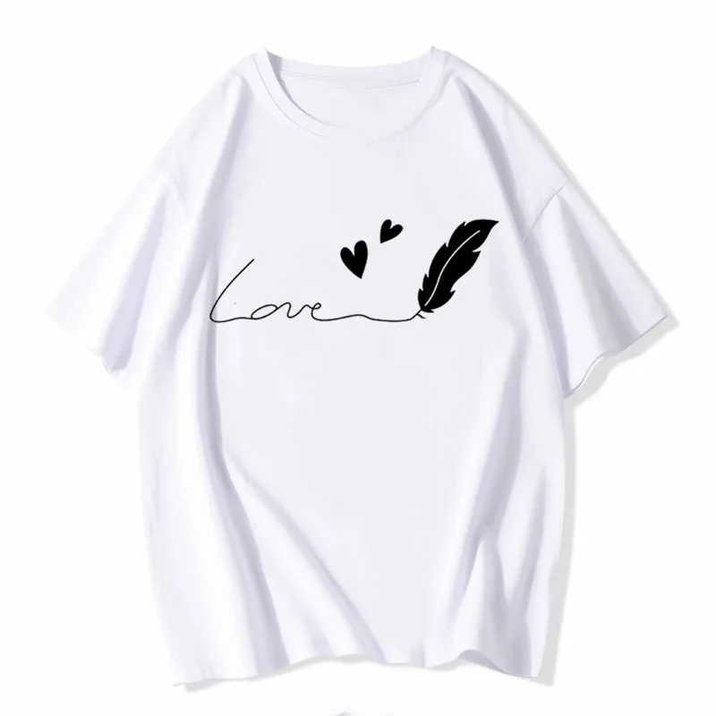 

Feather Love Simple Sweet Print Goth Harajuku Top Women T-shirt Casual ladies basic O-collar Short Sleeved Tshirt Girl,Drop Ship