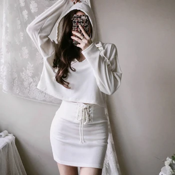 

Fashion women temperament comfortable hooded t-shirt new arrival elegant mini pencil skirt High elasticity 2 pieces women set