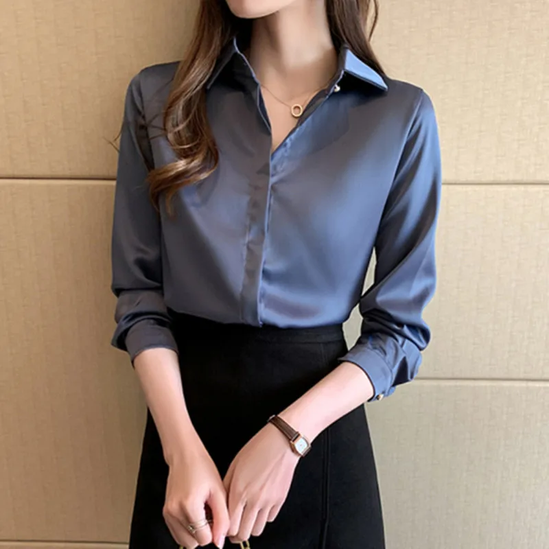 

Silk Satin Blouses Plus Size Women Turn-down Collar Long Sleeve Loose Shirts Office Ladies Tops White Blue Elegant Female Tops
