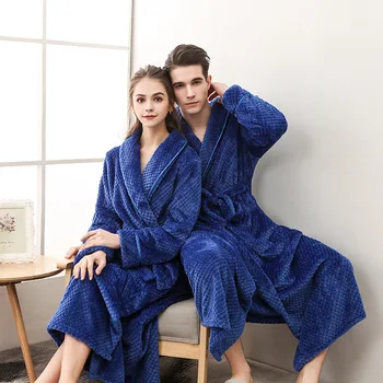 

Keep Warm Sleepwear For Couples Nightgown Winter Flannel Robe Kimono Gown Casual Bathrobe Gown Elegant Solid Long Homewear