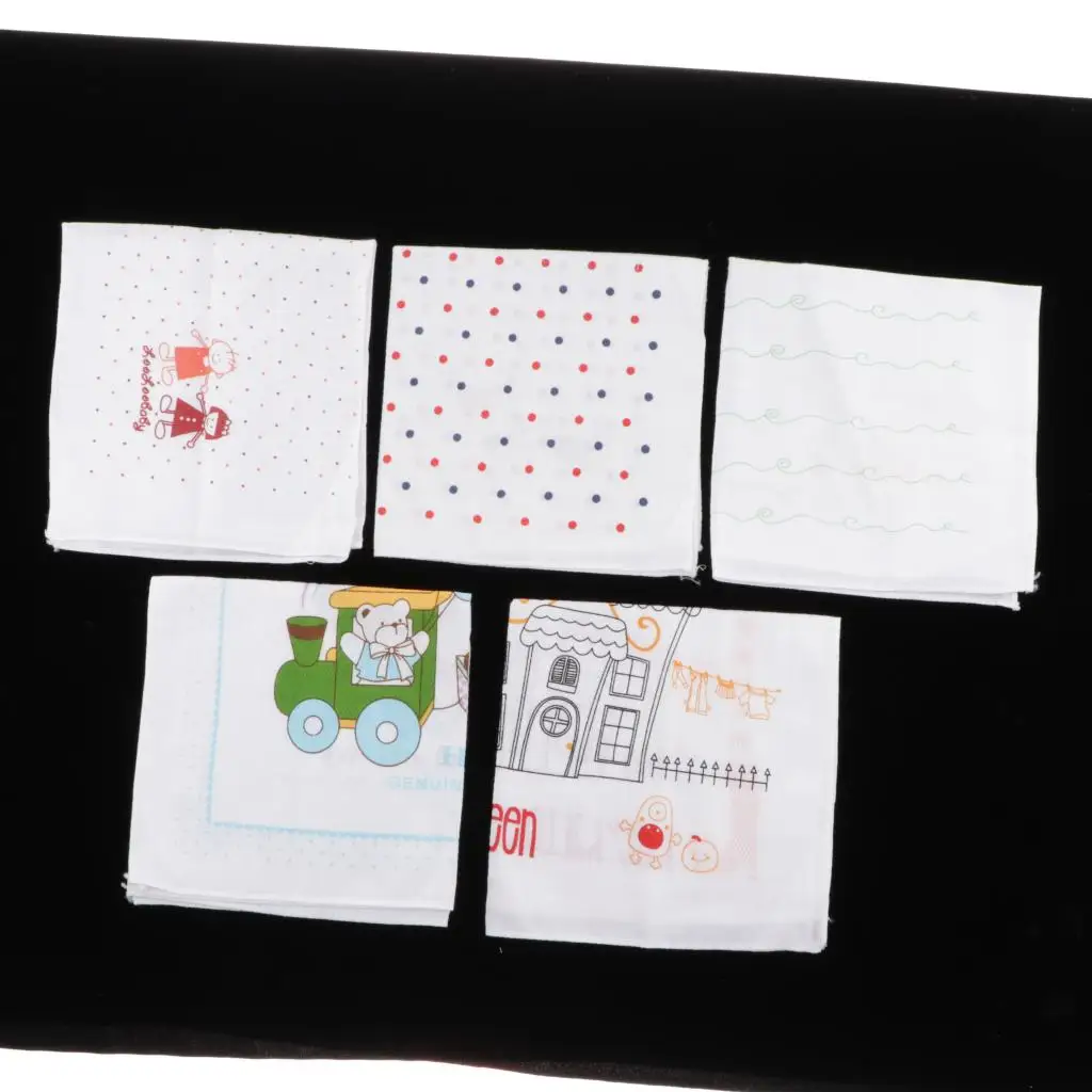 5pc Kids Cute Cartoon Handkerchiefs Baby Boys Hanky Soft Kerchiefs Cotton Hankie White Point Wipe Handkerchiefs Bear 35x35cm 