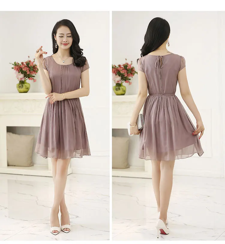 

Real Silk Dress 2018 Summer WOMEN'S Dress Mid-length Slim Fit Waist Hugging Elegant A- line Short Sleeve Important Mulberry Silk