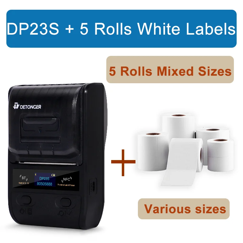 DETONGER DP23S 2 inch Thermal Printer Bluetooth Barcode Label Maker Plus 5 Rolls Blank White Label mini printer peripage