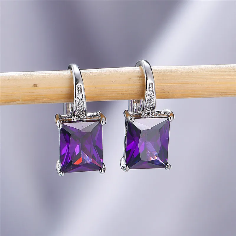 Simple Female Aqua Blue Crystal Jewelry Cute Silver Color Small Clip Earring Dainty Rainbow Square Wedding Earrings For Women