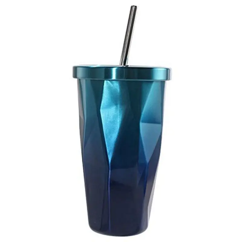 

Stainless Steel Tumbler with Straw - Hot and Cold Double Wall Drinking Cups Coffee Mugs 500ML Irregular Diamond with Lid (blue)